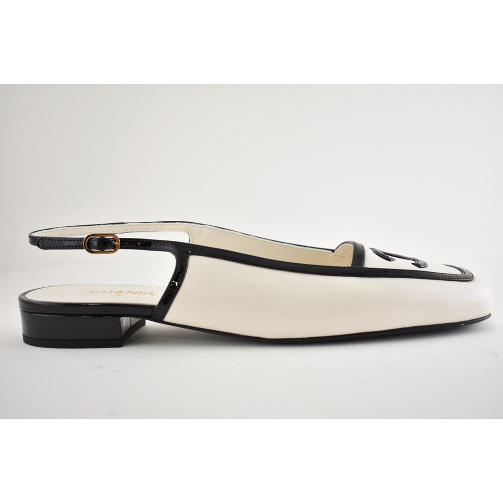 Chanel 26B White Black Square Toe CC Logo Slingback Ballet Ballerina Flat 39 - Picture 2 of 16